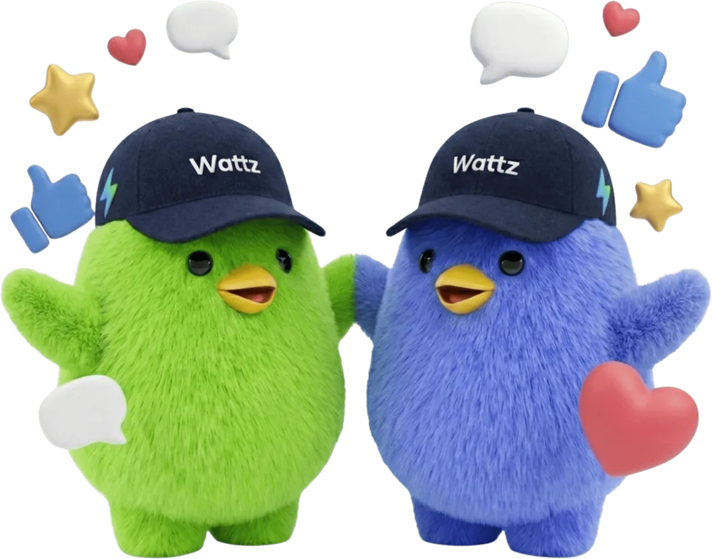 Kik and Sui, the Wattz birds, waving